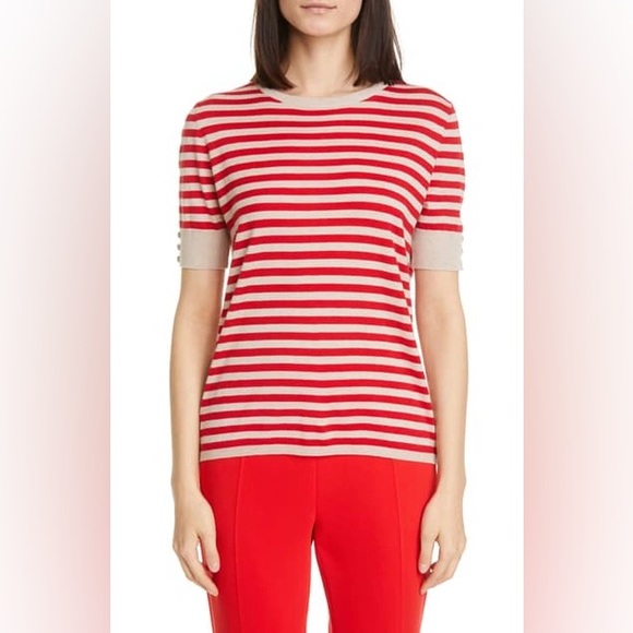 Max Mara Stagno Stripe Silk & Cashmere Sweater Top In Red/Tan NWOT - Picture 4 of 13